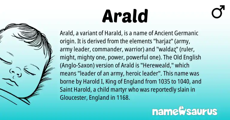 Infographic about Arald name meaning, Arald is a name from Old English, England, Ancient Germanic, Anglo-Saxon origin(s).