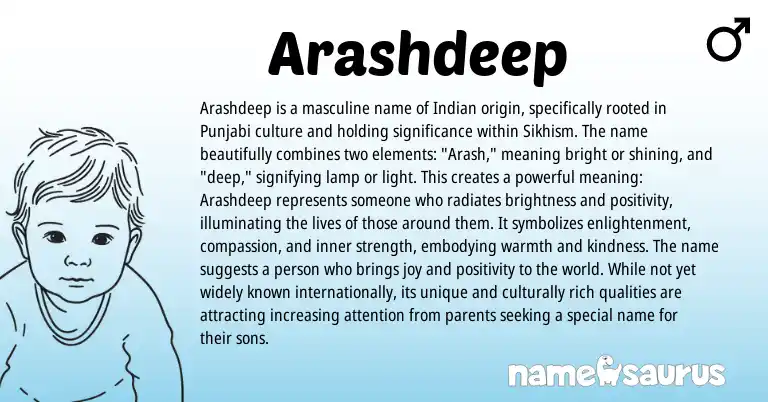 Infographic about Arashdeep name meaning, Arashdeep is a name from Persian, Indian origin(s).