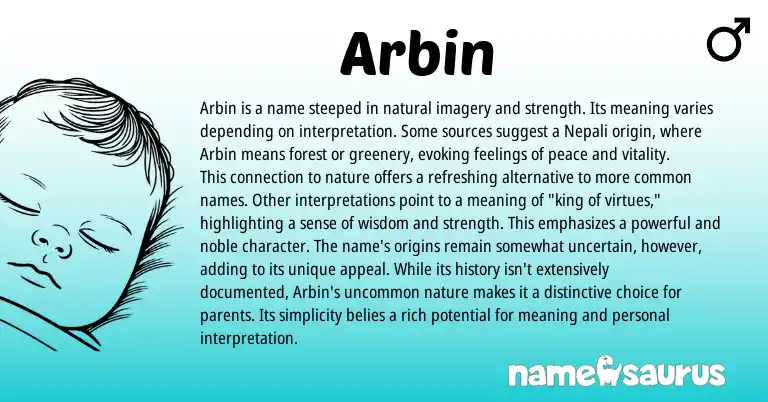 Infographic about Arbin name meaning, Arbin is a name from Arabic, Nepali, Sanskrit origin(s).