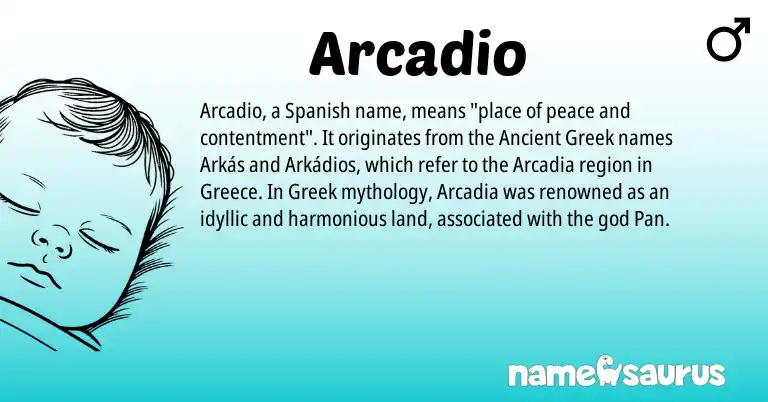 Infographic about Arcadio name meaning, Arcadio is a name from Spanish, Greece, Greek origin(s).