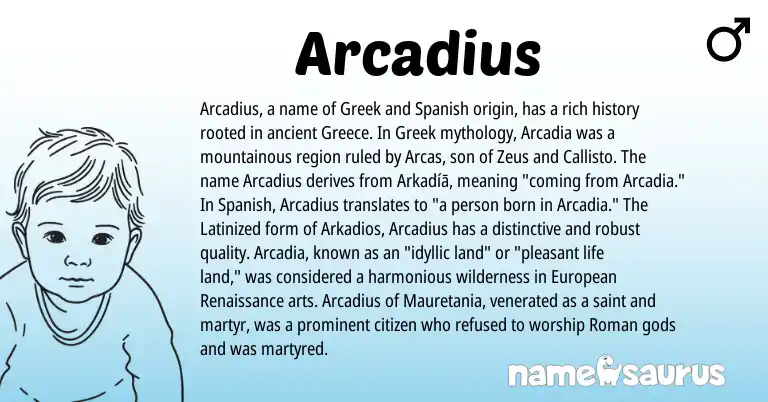 Infographic about Arcadius name meaning, Arcadius is a name from Spanish, Greece, European, Roman, Greek origin(s).