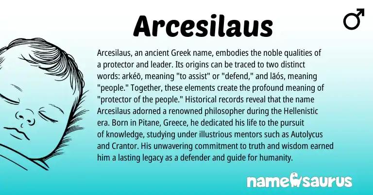 Infographic about Arcesilaus name meaning, Arcesilaus is a name from Greece, Greek origin(s).