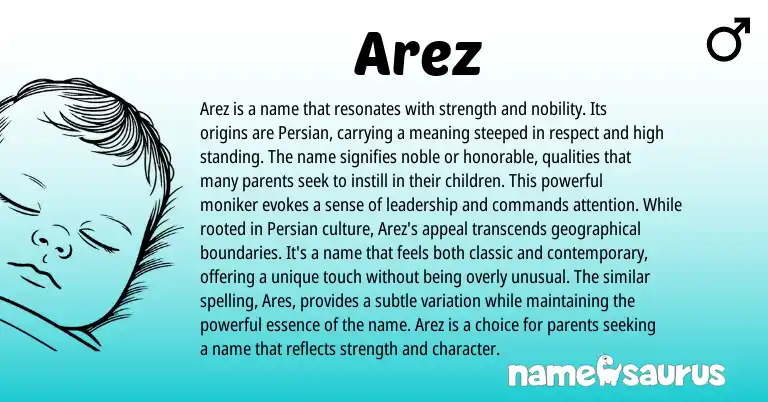 Infographic about Arez name meaning, Arez is a name from Persian origin(s).