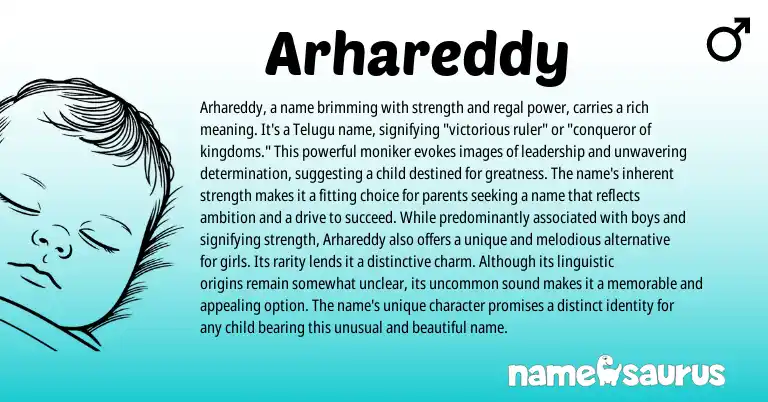 Infographic about Arhareddy name meaning, Arhareddy is a name from Telugu origin(s).