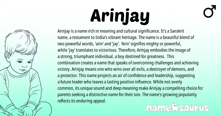 Infographic about Arinjay name meaning, Arinjay is a name from Indian, Sanskrit origin(s).