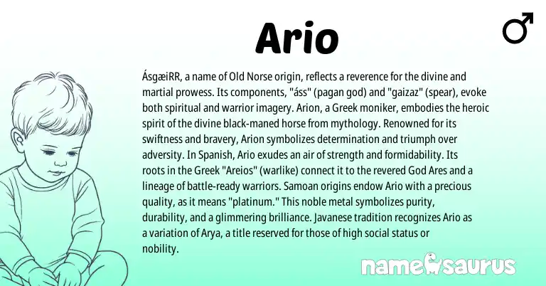 Infographic about Ario name meaning, Ario is a name from Old Norse, Samoan, Spanish, Greek, Javanese origin(s).