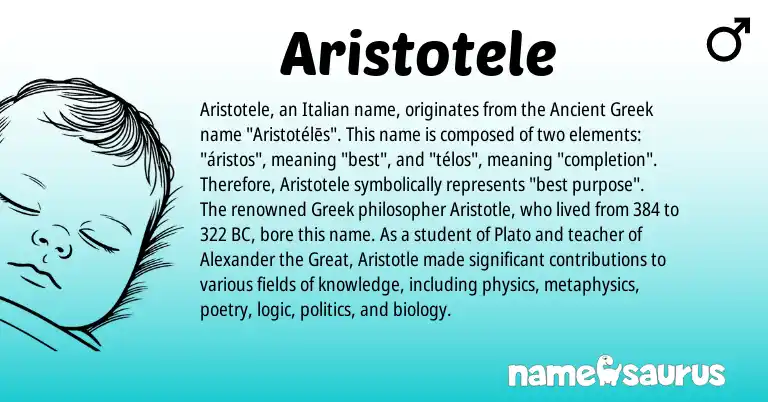 Infographic about Aristotele name meaning, Aristotele is a name from Ancient Greek, Greek, Italian origin(s).