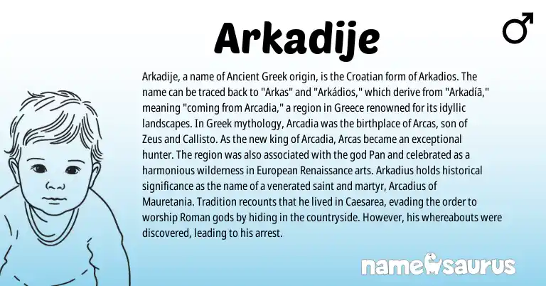 Infographic about Arkadije name meaning, Arkadije is a name from Ancient Greek, Croatian, Greece, European, Roman, Greek origin(s).