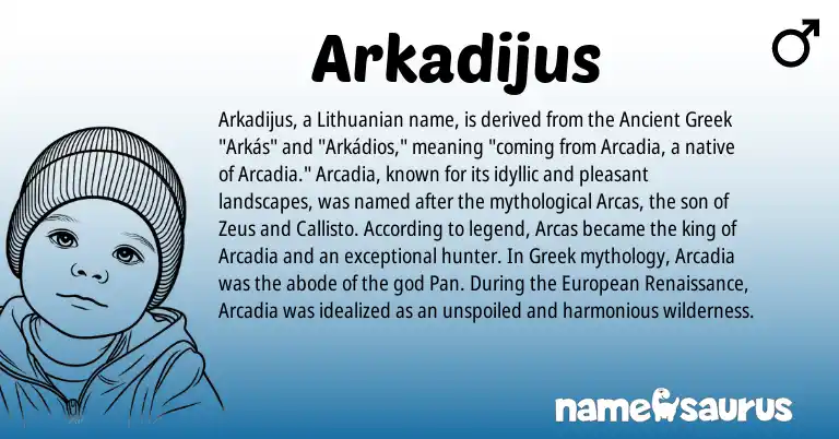 Infographic about Arkadijus name meaning, Arkadijus is a name from Lithuanian, Ancient Greek, European, Greek origin(s).