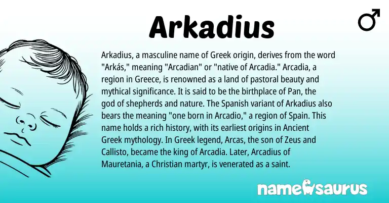 Infographic about Arkadius name meaning, Arkadius is a name from Ancient Greek, Spanish, Greece, Spain, Greek origin(s).