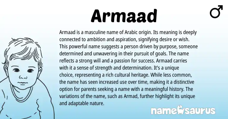 Infographic about Armaad name meaning, Armaad is a name from Persian, Arabic origin(s).
