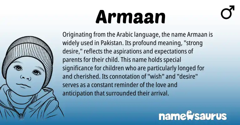 Infographic about Armaan name meaning, Armaan is a name from Arabic, Pakistan origin(s).