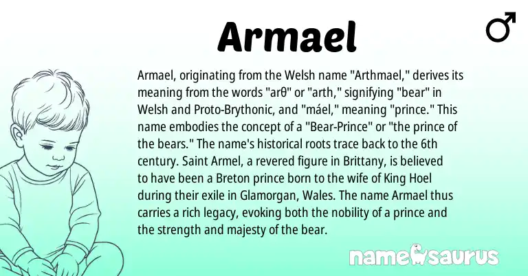 Infographic about Armael name meaning, Armael is a name from Proto-Brythonic, Welsh, Breton origin(s).