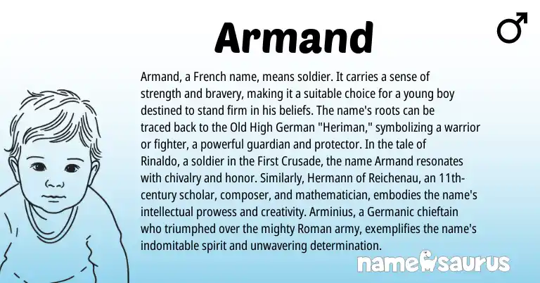 Infographic about Armand name meaning, Armand is a name from Old High German, French, Germanic, Roman origin(s).