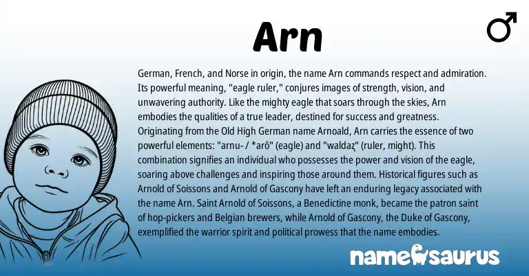 Infographic about Arn name meaning, Arn is a name from Old High German, French, German, Belgian, Norse origin(s).