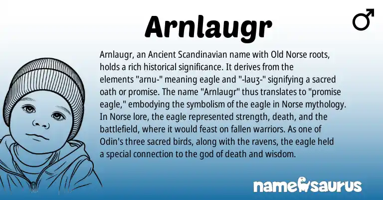 Infographic about Arnlaugr name meaning, Arnlaugr is a name from Old Norse, Ancient Scandinavian, Norse origin(s).