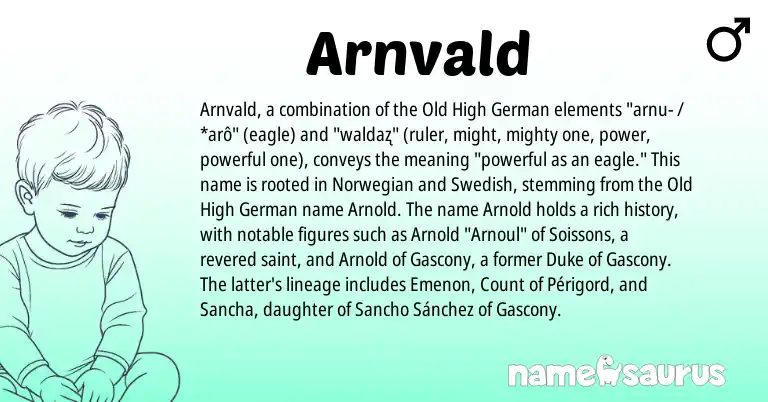 Infographic about Arnvald name meaning, Arnvald is a name from Old High German, Swedish, Norwegian origin(s).