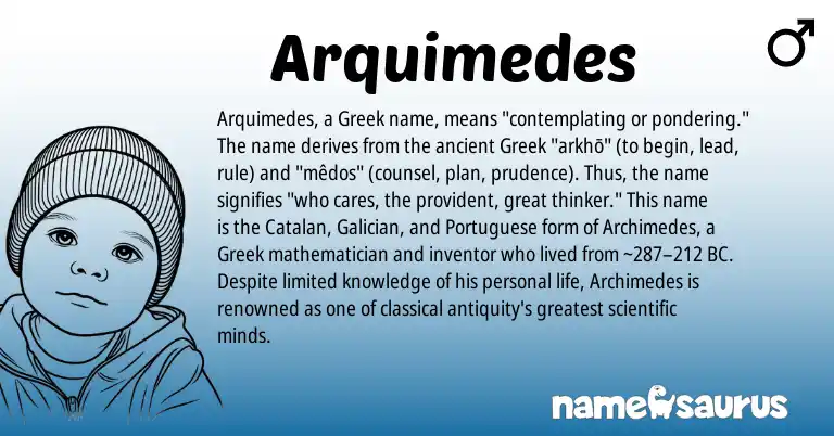 Infographic about Arquimedes name meaning, Arquimedes is a name from Galician, Portuguese, Catalan, Greek origin(s).