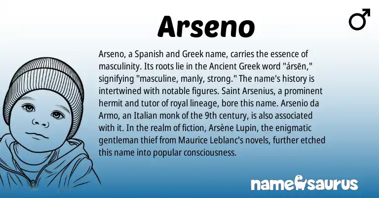 Infographic about Arseno name meaning, Arseno is a name from Spanish, Ancient Greek, Italian, Greek origin(s).