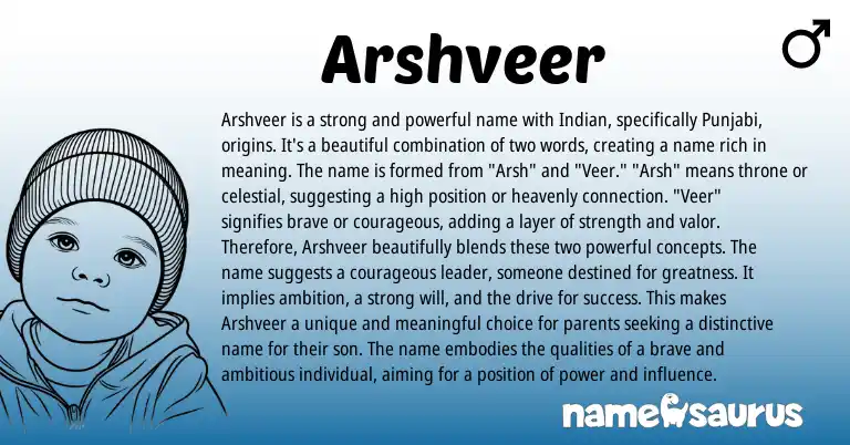 Infographic about Arshveer name meaning, Arshveer is a name from Persian, Indian origin(s).