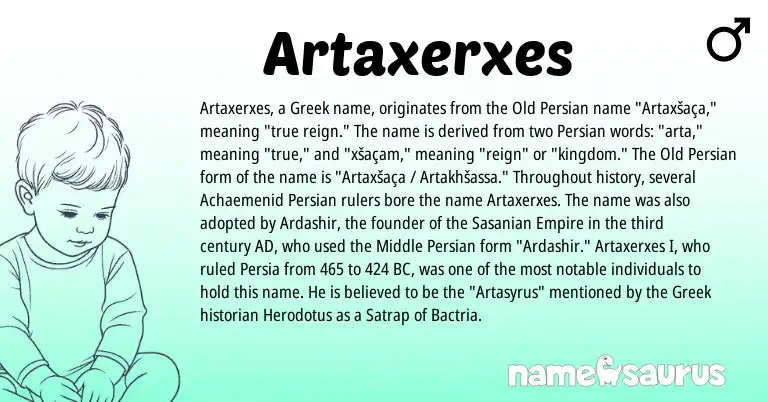 Infographic about Artaxerxes name meaning, Artaxerxes is a name from Middle Persian, Old Persian, Persian, Greek origin(s).