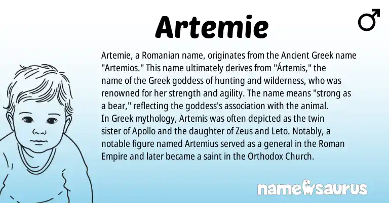 Infographic about Artemie name meaning, Artemie is a name from Romanian, Ancient Greek, Roman, Greek origin(s).