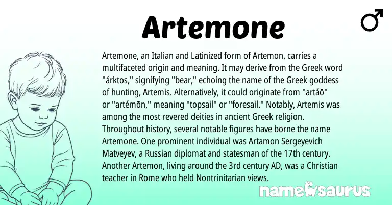 Infographic about Artemone name meaning, Artemone is a name from Russian, Greek, Italian origin(s).