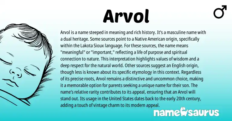 Infographic about Arvol name meaning, Arvol is a name from Sioux, American, Lakota origin(s).