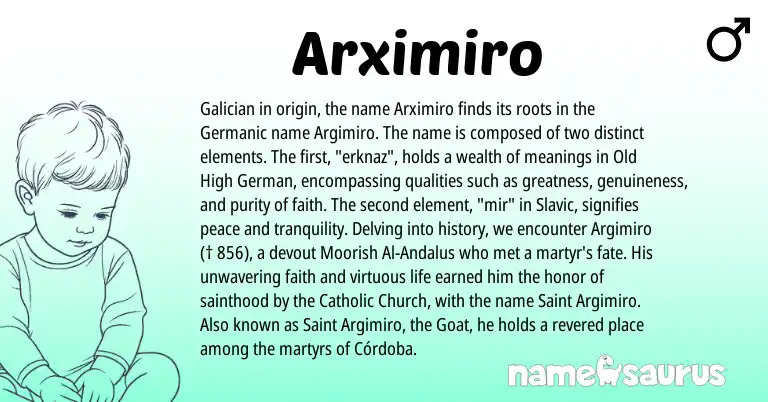 Infographic about Arximiro name meaning, Arximiro is a name from Galician, Old High German, Germanic, Slavic origin(s).