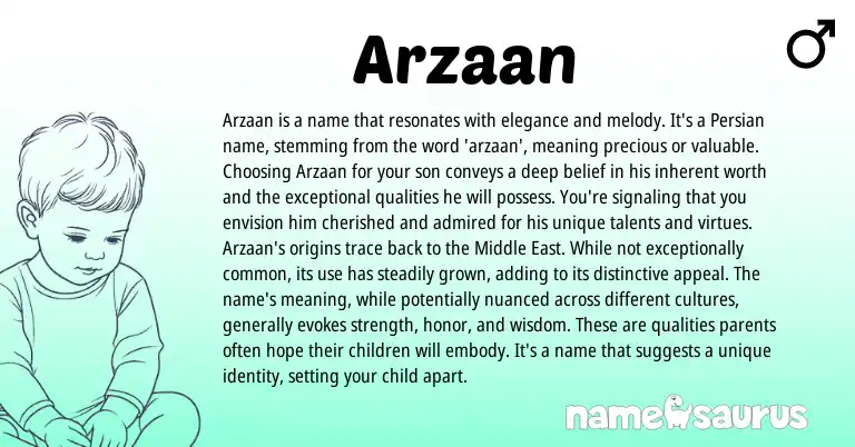 Infographic about Arzaan name meaning, Arzaan is a name from Persian origin(s).