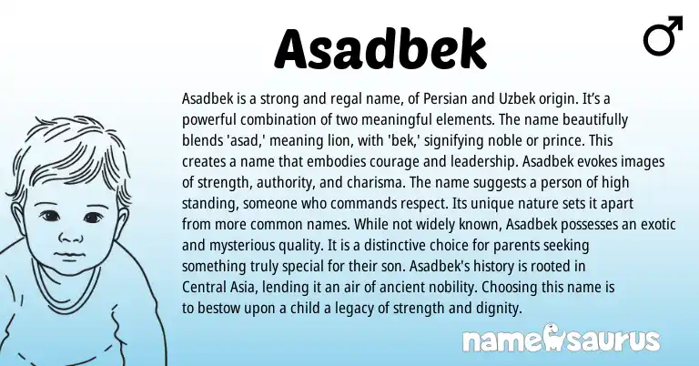 Infographic about Asadbek name meaning, Asadbek is a name from Uzbek, Persian origin(s).