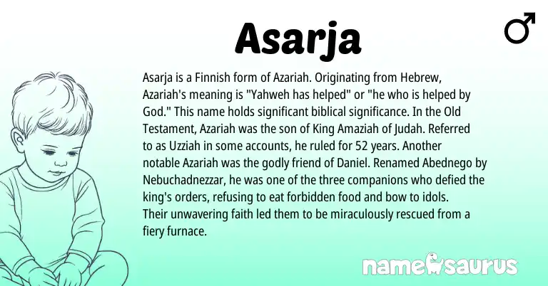 Infographic about Asarja name meaning, Asarja is a name from Finnish, Hebrew origin(s).