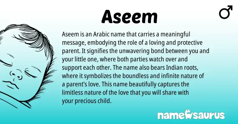 Infographic about Aseem name meaning, Aseem is a name from Arabic, Indian origin(s).