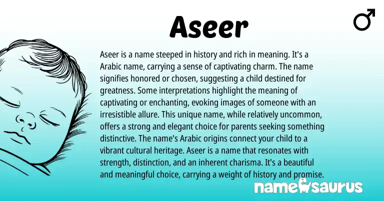 Infographic about Aseer name meaning, Aseer is a name from Arabic origin(s).