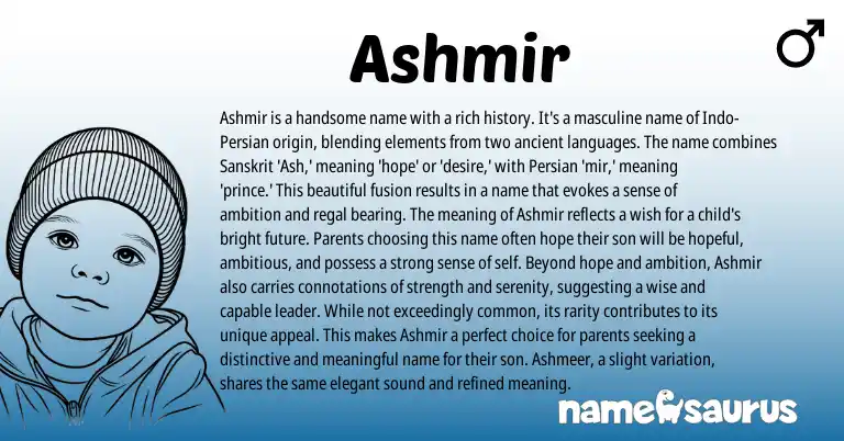 Infographic about Ashmir name meaning, Ashmir is a name from Persian, Sanskrit origin(s).