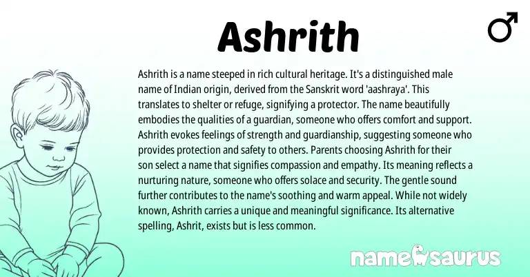 Infographic about Ashrith name meaning, Ashrith is a name from Indian, Sanskrit origin(s).