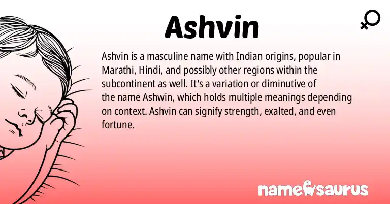 Infographic about Ashvin name meaning, Ashvin is a name from Indian, Marathi, Hindi, Gujarati origin(s).
