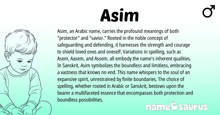Infographic about Asim name meaning, Asim is a name from Sanskrit, Arabic origin(s).