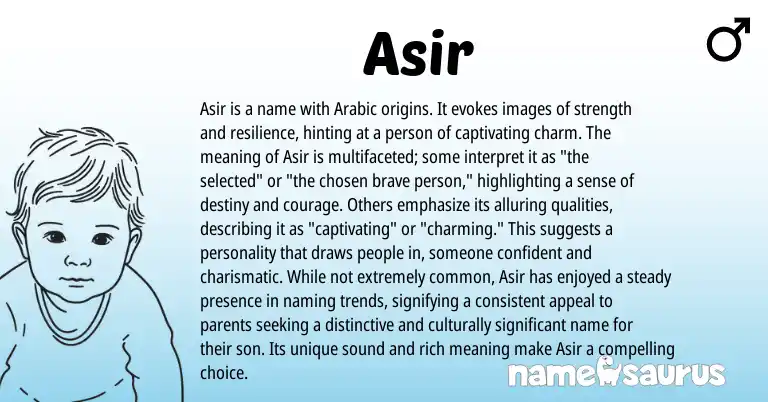Infographic about Asir name meaning, Asir is a name from Arabic origin(s).