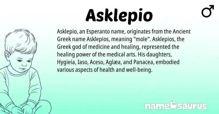 Infographic about Asklepio name meaning, Asklepio is a name from Ancient Greek, Greek, Esperanto origin(s).