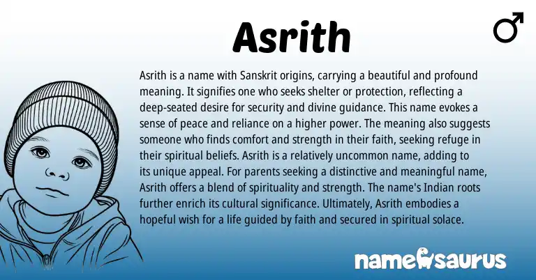 Infographic about Asrith name meaning, Asrith is a name from Indian, Sanskrit origin(s).