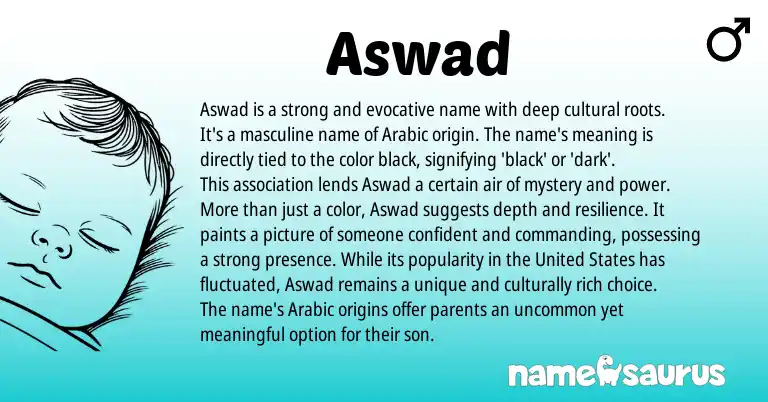 Infographic about Aswad name meaning, Aswad is a name from Arabic origin(s).