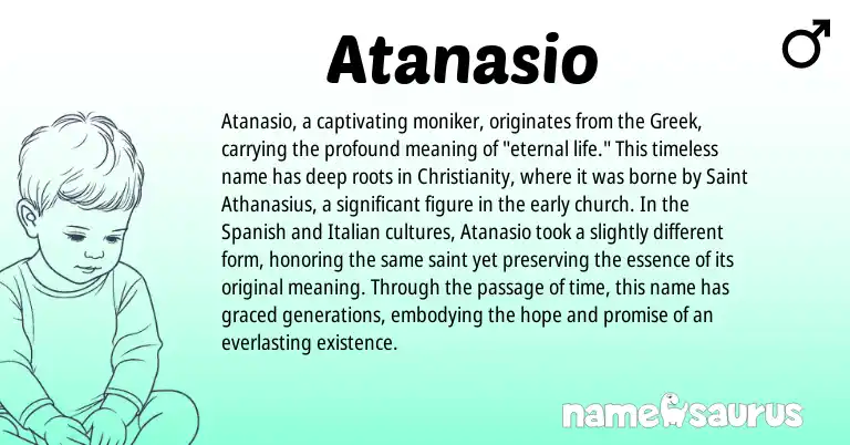 Infographic about Atanasio name meaning, Atanasio is a name from Spanish, Christianity, Italian, Greek origin(s).
