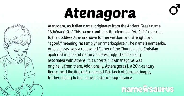 Infographic about Atenagora name meaning, Atenagora is a name from Ancient Greek, Italian origin(s).