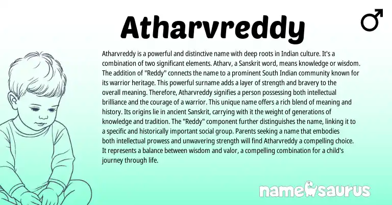 Infographic about Atharvreddy name meaning, Atharvreddy is a name from Indian, Sanskrit origin(s).