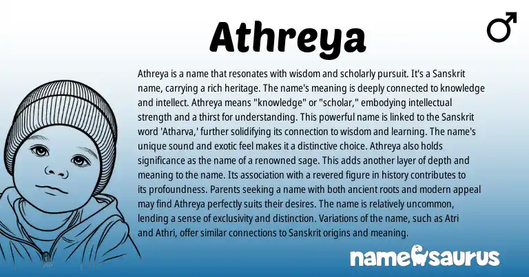 Infographic about Athreya name meaning, Athreya is a name from Indian, Sanskrit origin(s).