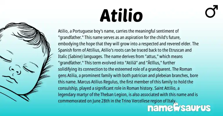 Infographic about Atilio name meaning, Atilio is a name from Etruscan, Spanish, Roman, Portuguese origin(s).