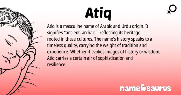 Infographic about Atiq name meaning, Atiq is a name from Arabic, Urdu origin(s).