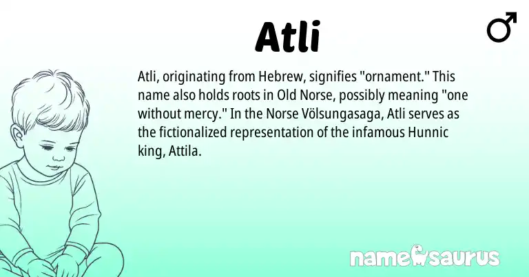 Infographic about Atli name meaning, Atli is a name from Old Norse, Hebrew, Norse origin(s).