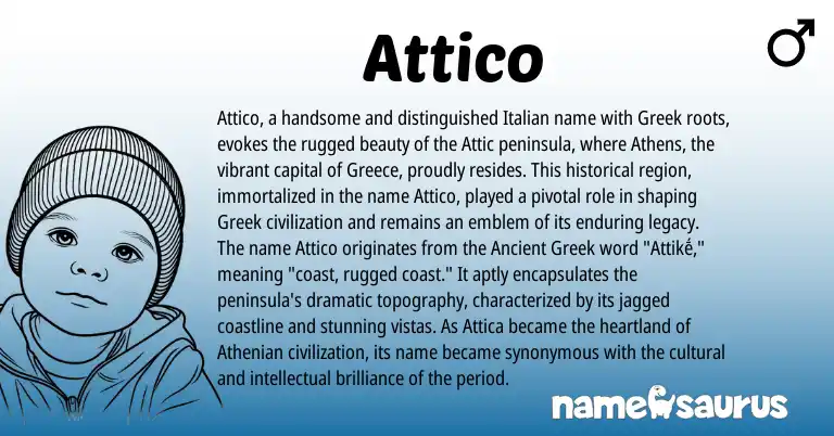 Infographic about Attico name meaning, Attico is a name from Greece, Greek, Ancient Greek, Italian origin(s).